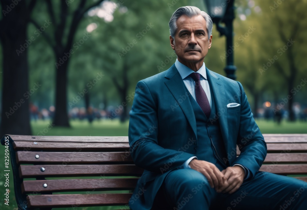 Fototapeta premium Middle-aged man in a suit sits on a bench 
