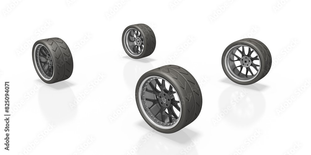 3d , vier Räder eines Autos mit Sportbereifung auf transparenten Hintergrund freigestellt. 3d , vier Räder eines Autos mit Sportbereifung auf transparenten Hintergrund freigestellt.