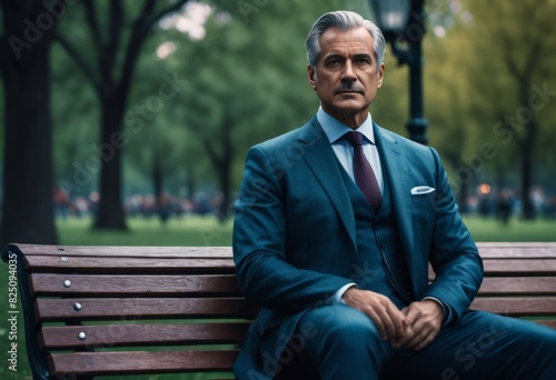 Middle-aged man in a suit sits on a bench 