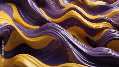 Abstract 3d wavy wallpaper. Background with 3d stylish purple and yellow waves. Liquid dynamics visualization.