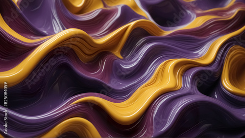Abstract 3d wavy wallpaper. Background with 3d stylish purple and yellow waves. Liquid dynamics visualization.
