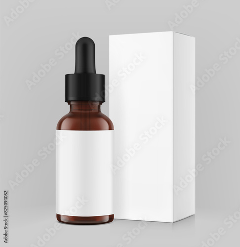 Realistic paperboard packaging box mockup with dropper bottle mockup isolated on grey background. Vector illustration. Сan be used for cosmetic, medical and other needs. EPS10.