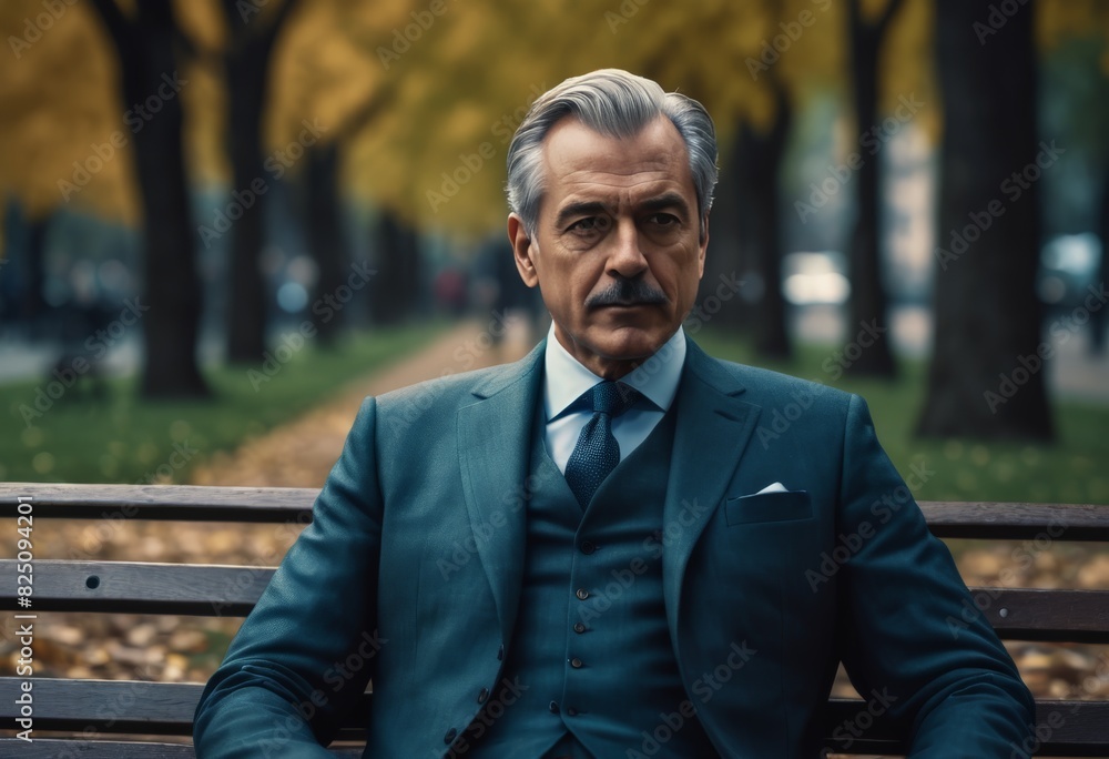 Middle-aged man in a suit sits on a bench Middle-aged man in a suit sits on a bench