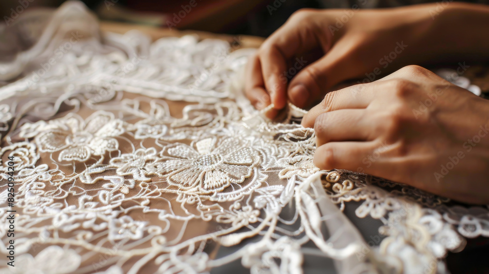 A person is sewing lace onto a piece of fabric A person is sewing lace onto a piece of fabric