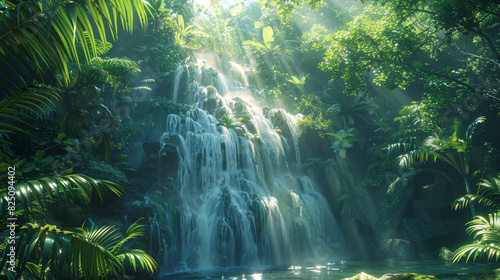 A hidden tropical waterfall surrounded by dense jungle foliage  with sunlight streaming through the canopy.