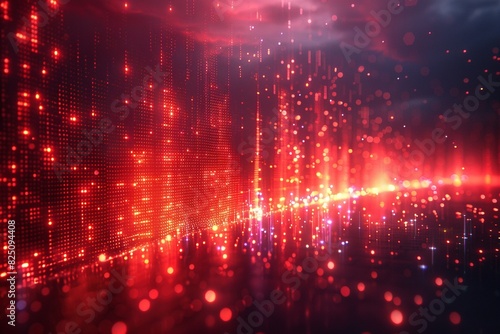 Crimson cascade of data and code streams across a dark abstract canvas. Glowing digital lines and shimmering particles create a futuristic atmosphere