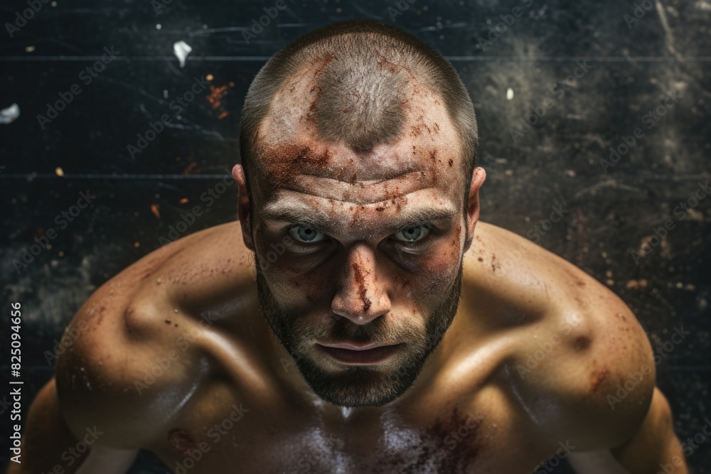 A man with a shaved head and a bloody face. He is looking at the camera. Concept of aggression and violence A man with a shaved head and a bloody face. He is looking at the camera. Concept of aggression and violence