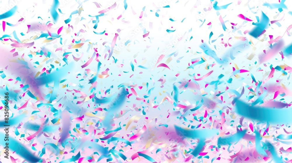 Fototapeta premium A colorful explosion of confetti is scattered across the sky. The confetti is in various shades of blue, pink, and purple, creating a vibrant and festive atmosphere. Concept of joy and celebration