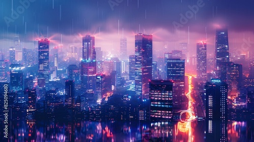 Panoramic urban architecture cityscape with neon light effects. Futuristic high-tech city design for a banner background © growth.ai