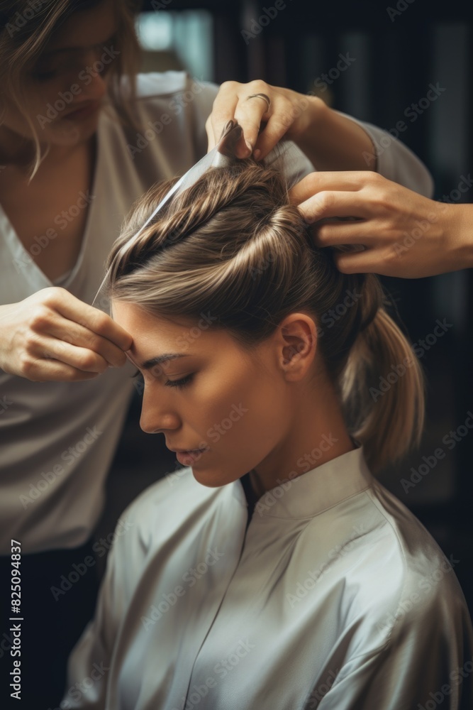 Naklejka premium A woman with her hair being styled by a stylist. The stylist is using a comb to style the woman's hair