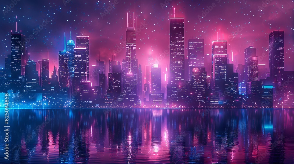 Futuristic urban panorama with neon lighting effects. Hi-tech cityscape design for a digital technology banner background