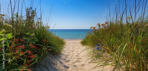 A secluded sandy path leading to a hidden beach  the trail flanked by wildflowers and grasses  opening up to a stunning view of the ocean under a clear blue sky.