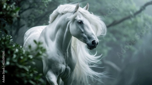 A white horse with long hair is running through a forest. The image has a serene and peaceful mood  as the horse is the only living thing visible in the scene. The forest is lush and green