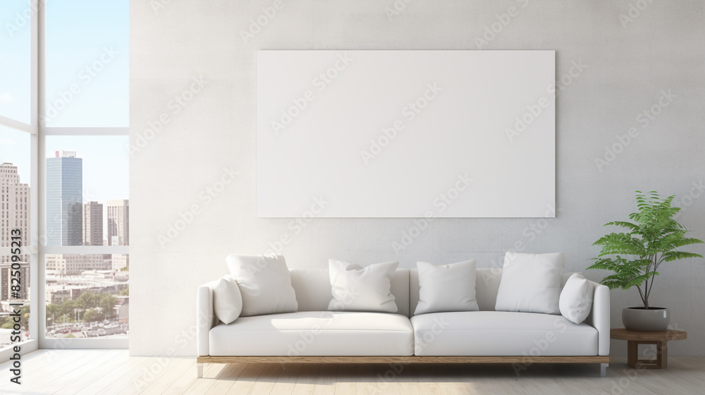 A room with floor-to-ceiling windows, a minimalist white couch, and a blank empty white frame mockup on the wall overlooking a cityscape.