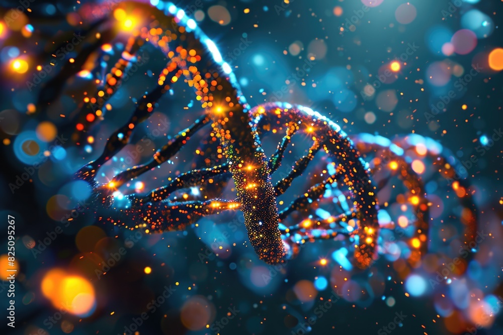 A glowing DNA strand is shown in a blue and orange color scheme. The image has a dreamy, ethereal quality to it, as if the strands of DNA are floating in a sea of light A glowing DNA strand is shown in a blue and orange color scheme. The image has a dreamy, ethereal quality to it, as if the strands of DNA are floating in a sea of light