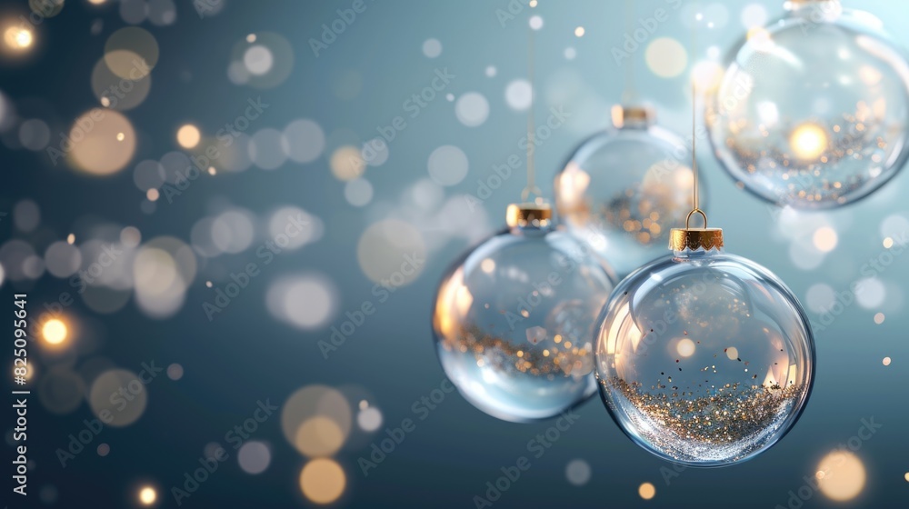 A blue background with a bunch of Christmas ornaments hanging from the ceiling. The ornaments are clear and have gold glitter on them A blue background with a bunch of Christmas ornaments hanging from the ceiling. The ornaments are clear and have gold glitter on them