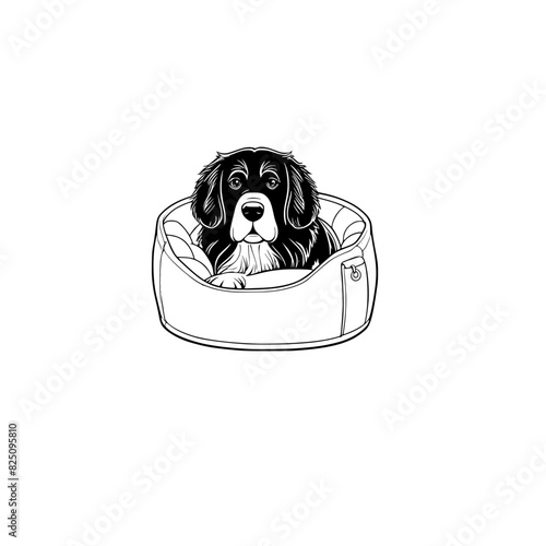 A cartoon newfoundland in a dog bed coloring page generative ai