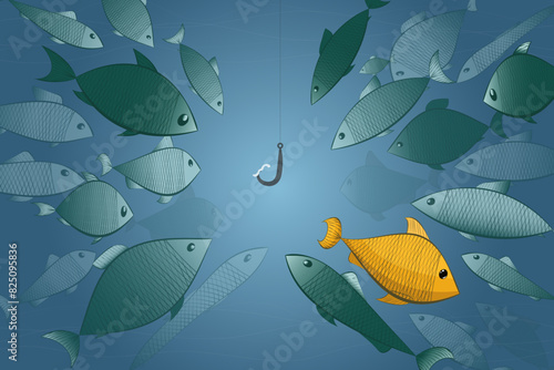 concept of deception, manipulation, falling for scammers. Abstract society, ordinary, vision be different, unique personality or standing out from the crowd, leadership quality. fish and hook