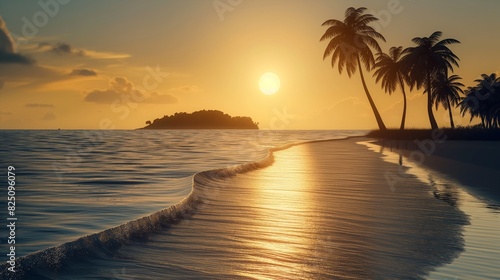 A serene beachscape with the sun rising behind a distant island  casting a golden glow on the sea and highlighting the silhouettes of palm trees along the coast.