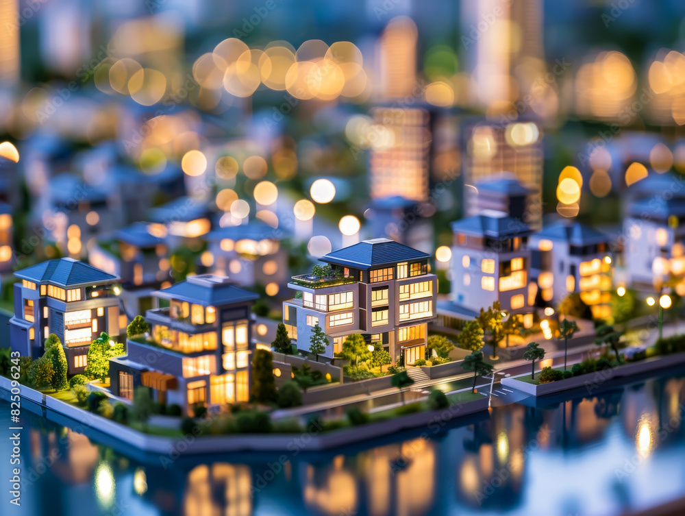 A model of a city with houses and a river A model of a city with houses and a river