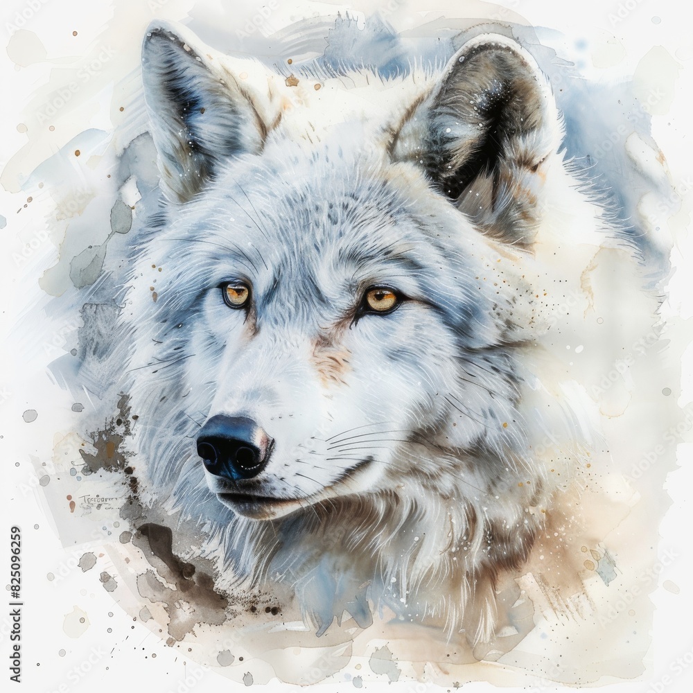 Fototapeta premium A wolf with a yellow eye is staring at the camera