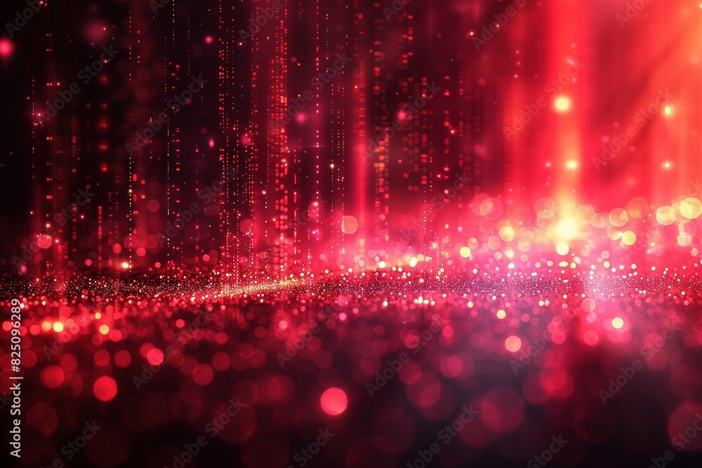 Mesmerizing red data rain composed of intricate code descends upon a dark, ethereal landscape. Glowing digital lines and subtle sparkles hint at a futuristic world.