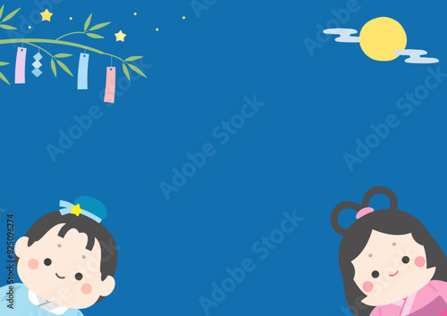 七夕のイラスト、乙姫と彦星と笹飾り