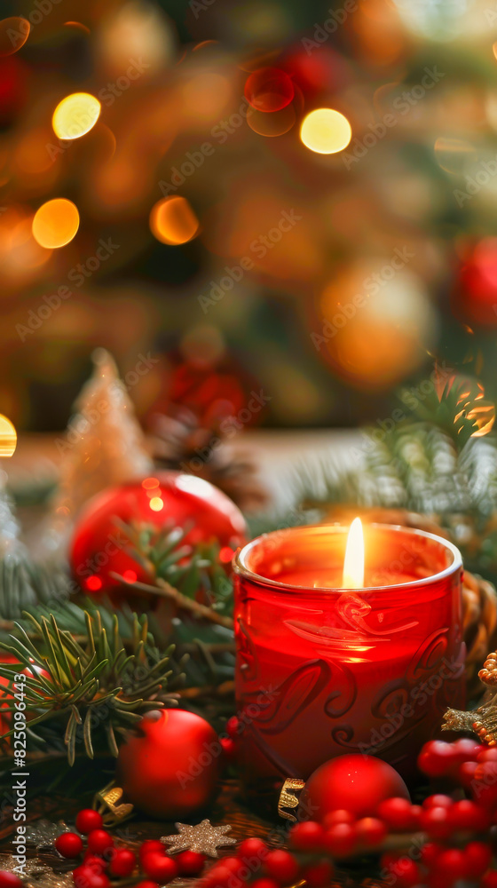 A red candle is lit on a Christmas tree A red candle is lit on a Christmas tree