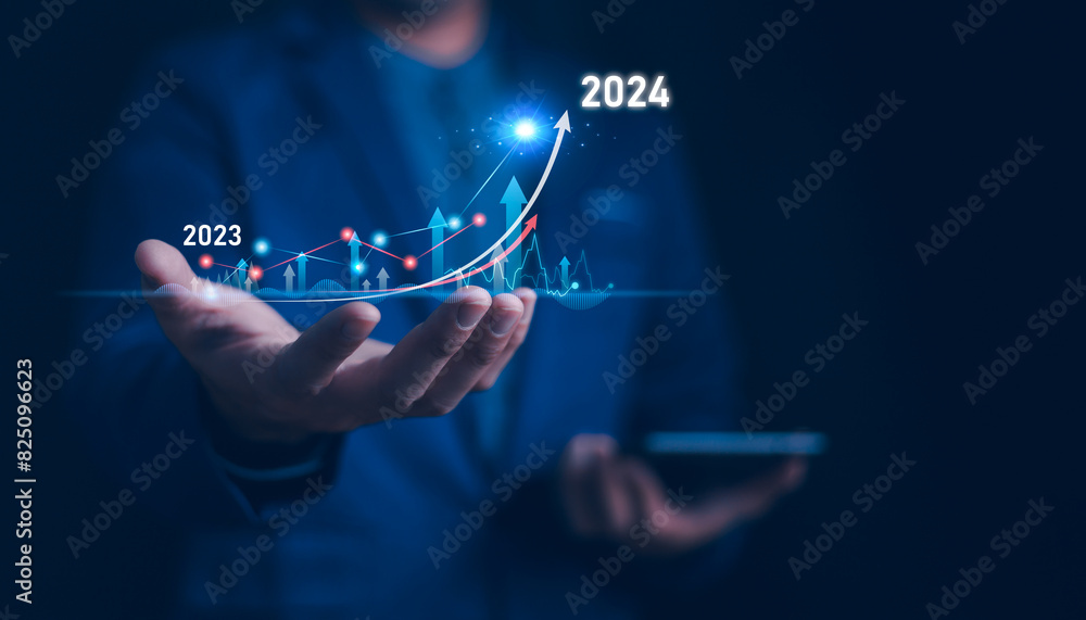 2024 Business growth, boost up business or success concept, Business growth, investment profit increase, growing sales and revenue, progress or development concept, arrow graph future growth plan