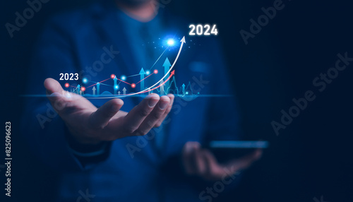 Obraz na płótnie 2024 Business growth, boost up business or success concept, Business growth, investment profit increase, growing sales and revenue, progress or development concept, arrow graph future growth plan w salonie