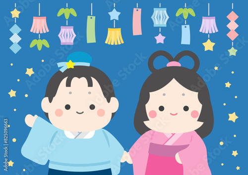 七夕のイラスト、乙姫と彦星と笹飾り