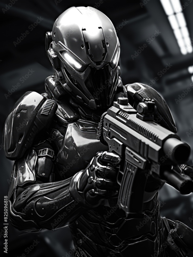 A man in a black suit holding a gun. The man is wearing a helmet and has a gun in his hand A man in a black suit holding a gun. The man is wearing a helmet and has a gun in his hand