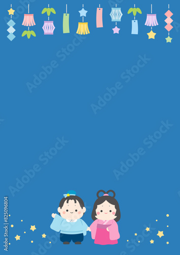 七夕のかわいいフレーム背景素材、彦星と織姫と笹飾りのベクターイラスト