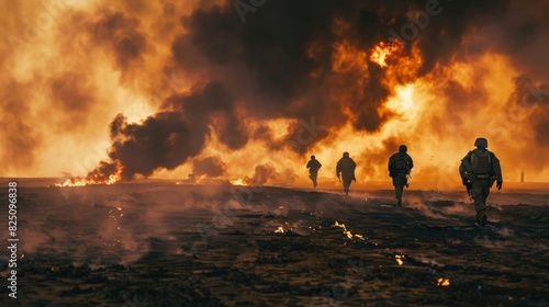 A group of soldiers are running through a field of fire