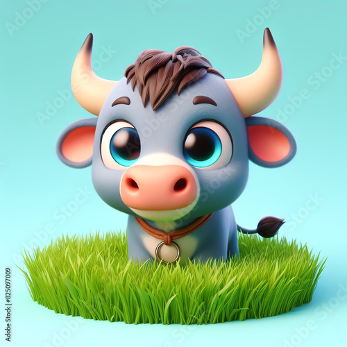 3D funny ox cartoon in the field. Agriculture and farm animals