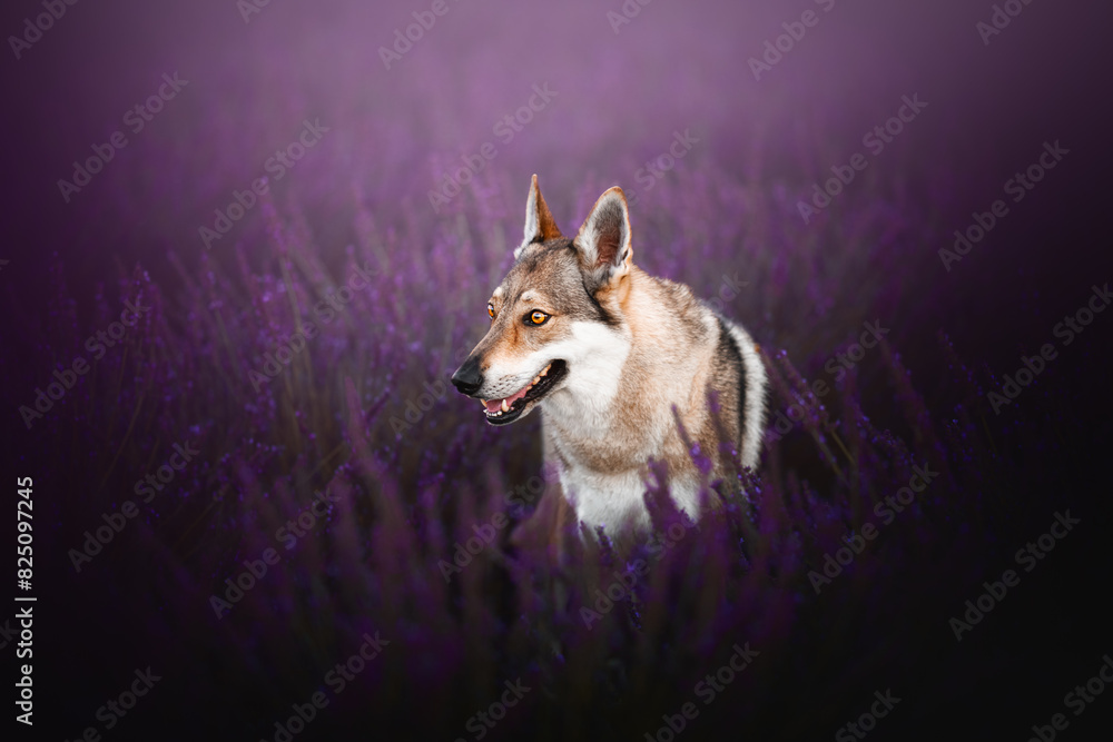Wolf dog in lavender field, flowers, summertime, dreamy look