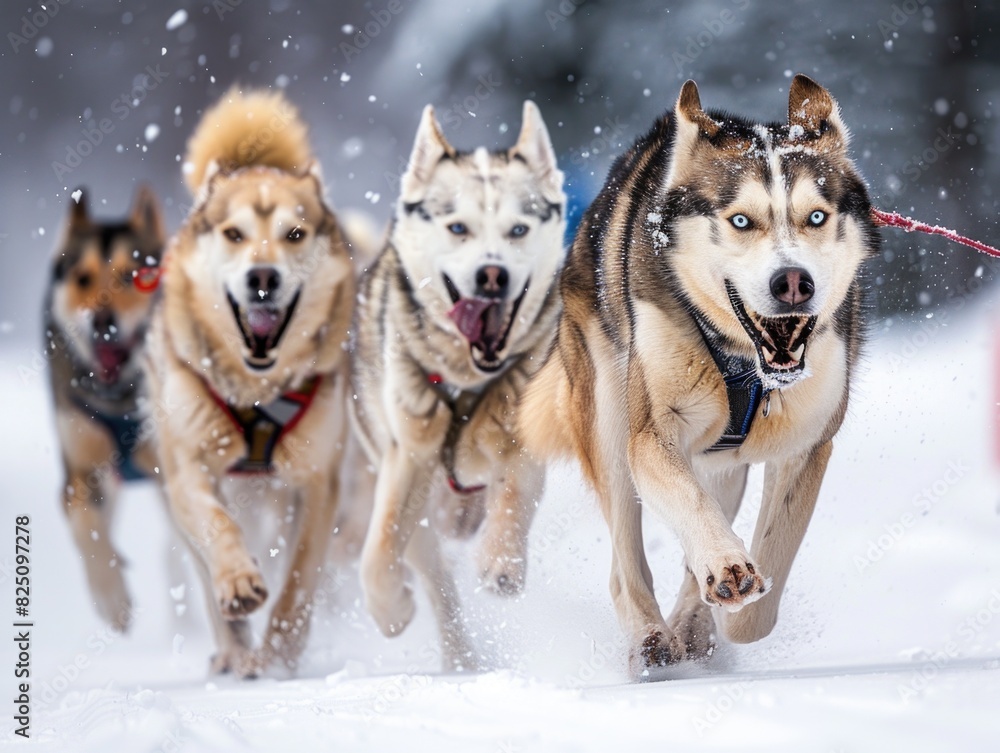 Four dogs are running in the snow, with one of them having a blue collar. The dogs are wearing harnesses and are pulling a sled. The scene is lively and energetic Four dogs are running in the snow, with one of them having a blue collar. The dogs are wearing harnesses and are pulling a sled. The scene is lively and energetic