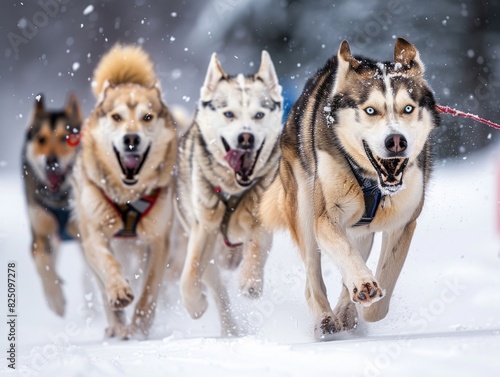 Four dogs are running in the snow  with one of them having a blue collar. The dogs are wearing harnesses and are pulling a sled. The scene is lively and energetic