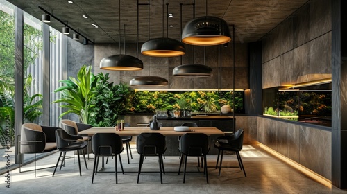A large, modern kitchen with a dining table surrounded by black chairs. The table is set with a vase and a bowl. The room is filled with greenery, including potted plants and a hanging garden photo