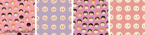 Four repeatable patterns, comely girlish faces. Multipurpose endless print, feminine countenance, abstract colorful background design.