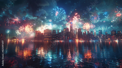 A panoramic view of a city skyline illuminated by a spectacular fireworks show  creating a festive and celebratory atmosphere.