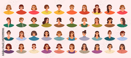 Set of female user portraits. Collection of varios young women faces. Isolated flat vector in simple cartoon style.