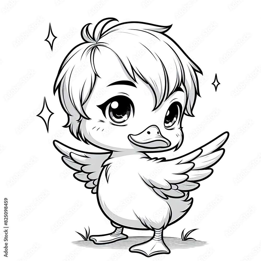 Fototapeta premium Cartoon of a duck with simple lines for children coloring in book pages. Drawing for vectorization