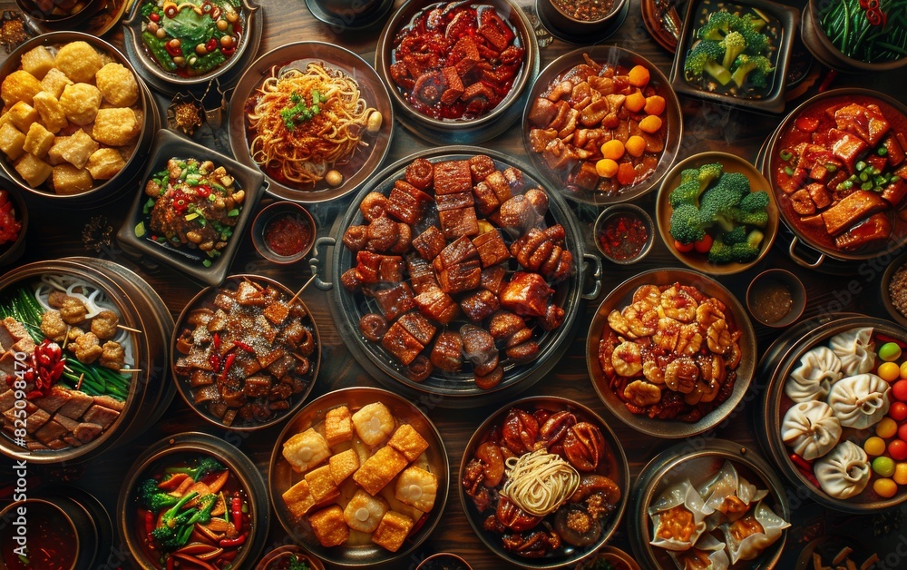 A table full of food with many different types of food, including potatoes A table full of food with many different types of food, including potatoes