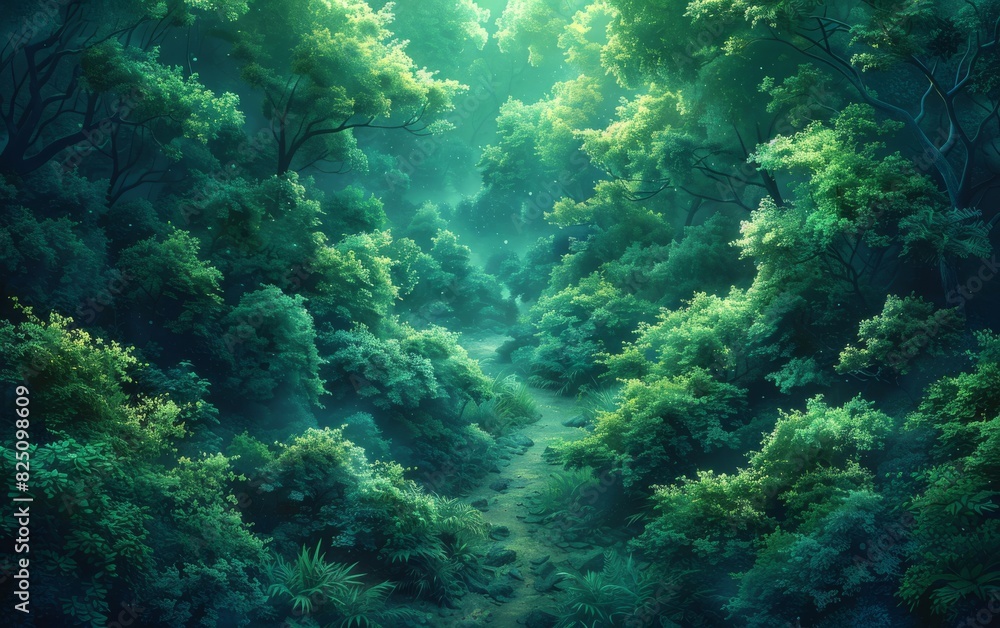 A lush green forest with a path through it