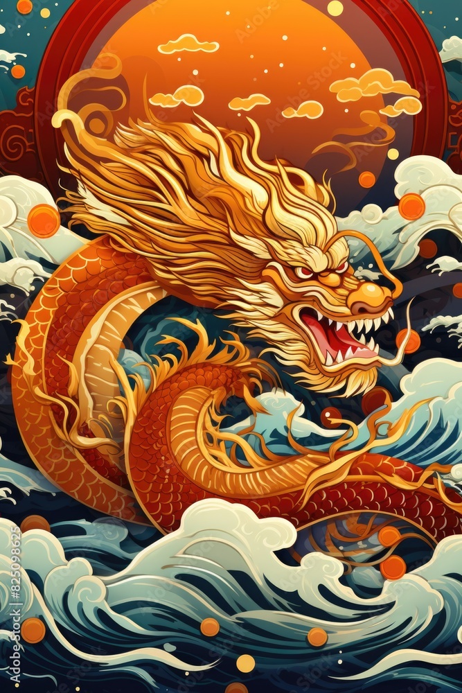 A dragon is depicted in a painting with a fiery tail and a mouth full of teeth. The dragon is surrounded by water and clouds, giving the painting a sense of movement and energy A dragon is depicted in a painting with a fiery tail and a mouth full of teeth. The dragon is surrounded by water and clouds, giving the painting a sense of movement and energy