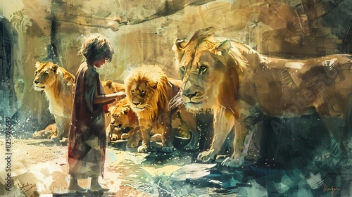  a painting of Daniel in the lion's den photo