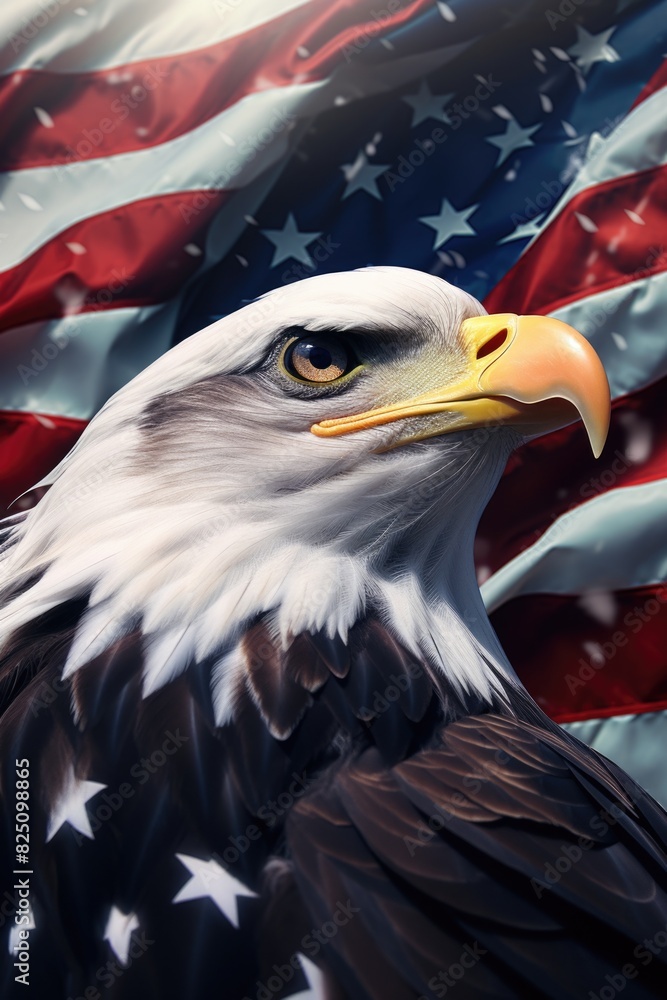 A bald eagle is standing in front of the American flag. The eagle is ...