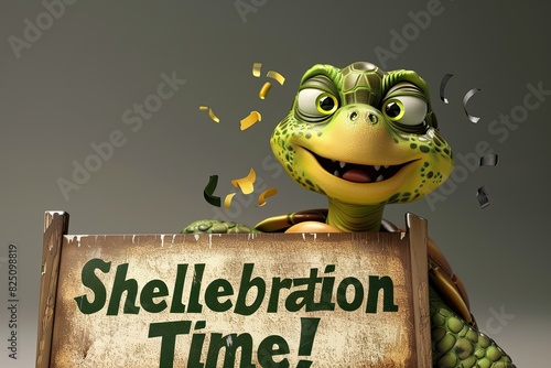 Fun 3d turtle character with a sign saying "Shellebration Time!"