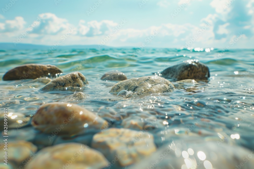 A body of water with a lot of rocks in it. Scene is calm and peaceful, as the water and rocks create a serene A body of water with a lot of rocks in it. Scene is calm and peaceful, as the water and rocks create a serene